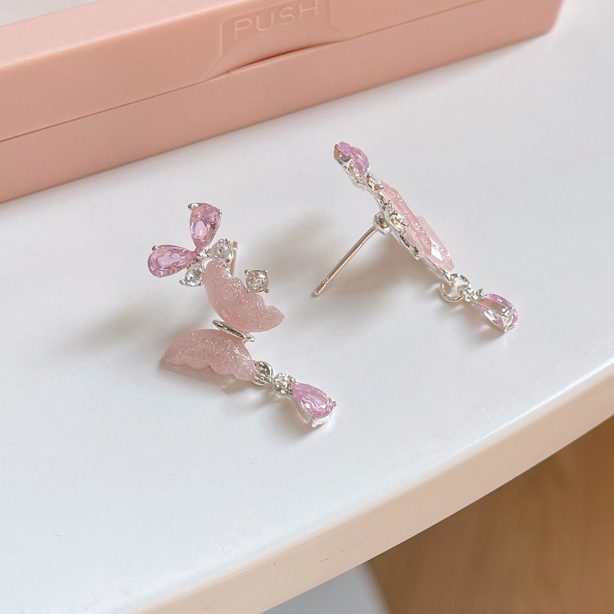 Spring and Summer Pink Butterfly Pendant Zircon Earrings Female Silver Needle New Fresh Cream Sweet Style Niche Personality Earrings