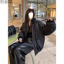 新款黑色棒球服女秋冬加厚宽松美式复古飞行员夹克连帽棉服外套