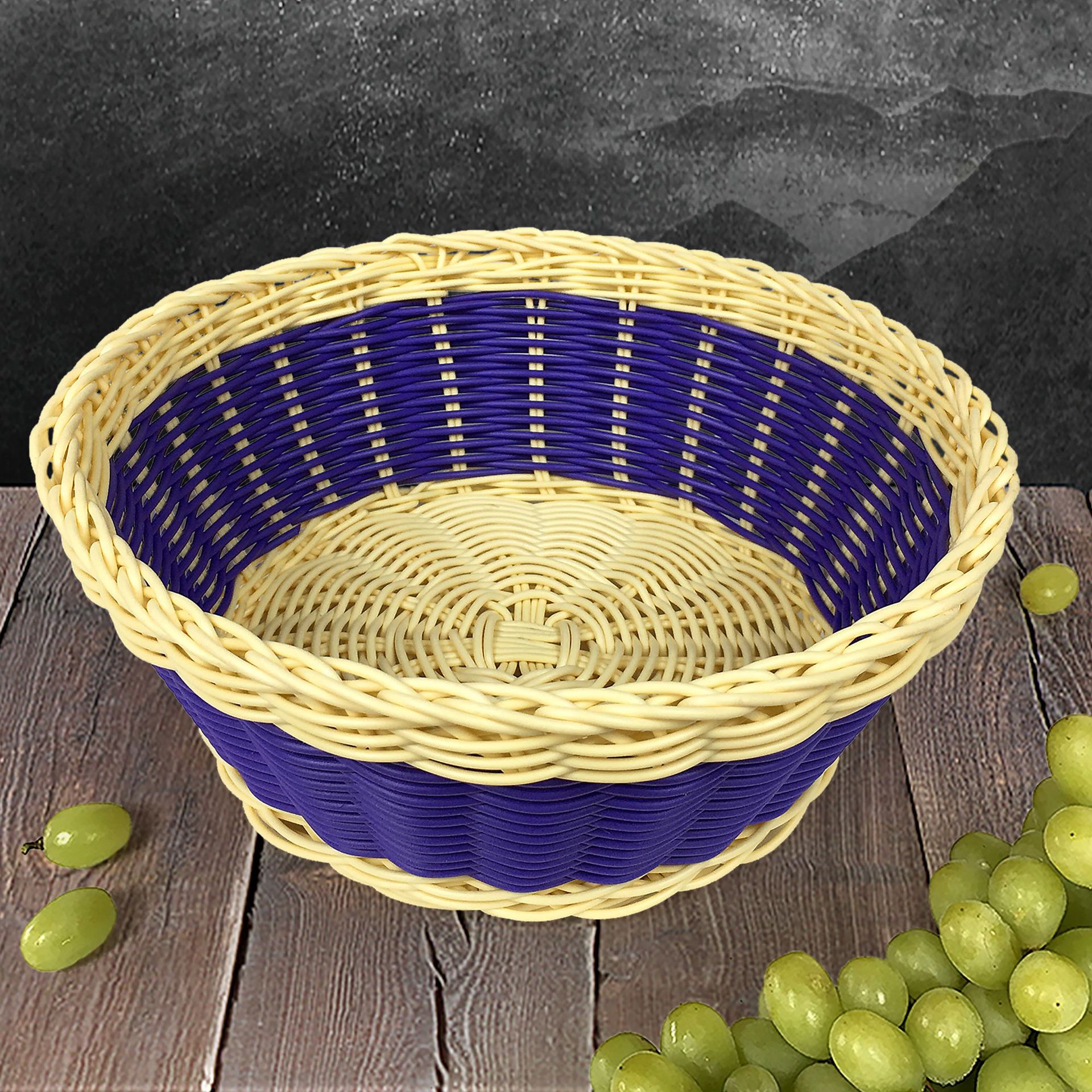 厂家定制藤条编织胶藤仿藤篮子 混色圆形水果蔬菜零食收纳筐商超