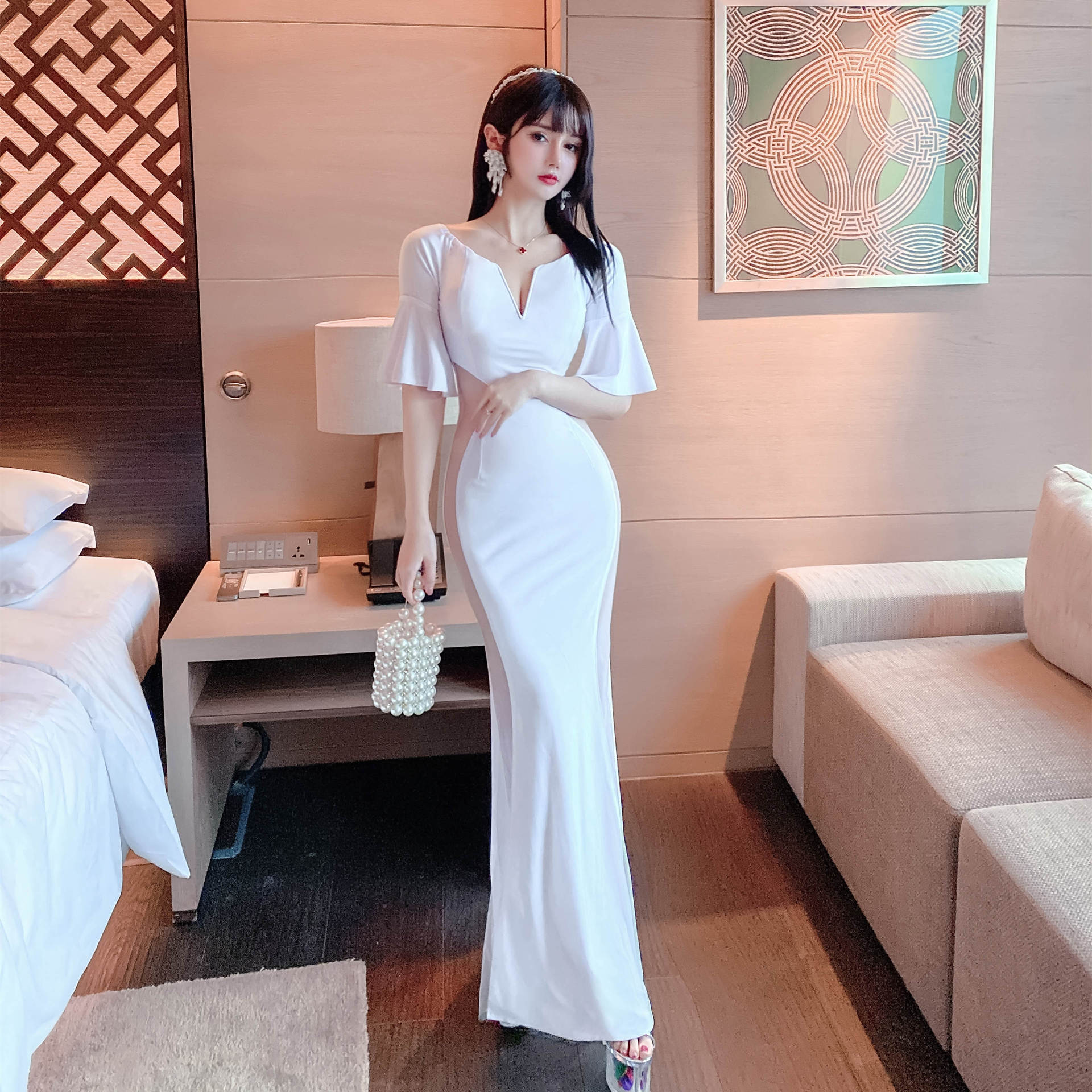 夜店性感连衣裙网纱拼接低胸显瘦长裙夜总会晚礼服弹力修身技师服