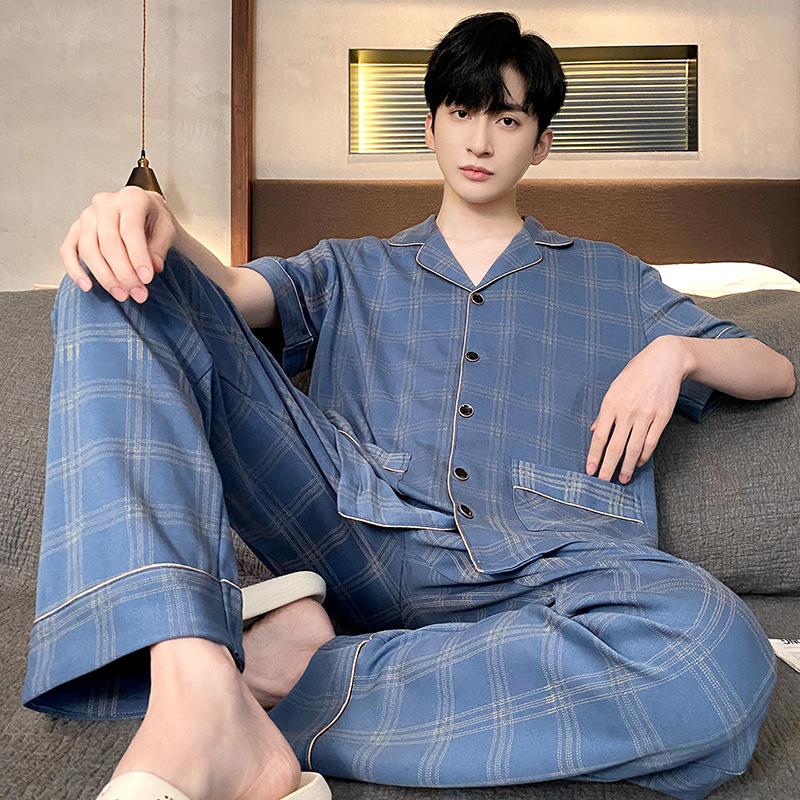 睡衣男士夏季纯棉短袖长裤家居服夏款夏天男款全棉薄款套装可外穿