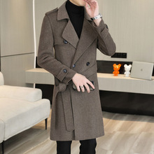 高档羊毛双面尼男士韩版修身呢子长款双排扣西装领外套毛呢大衣潮
