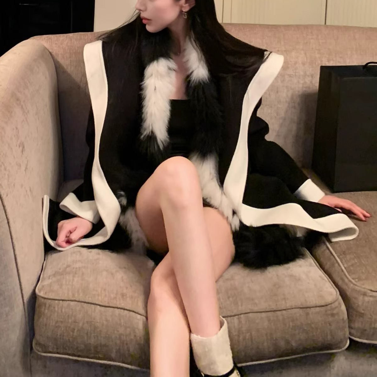 maxmar*经典拼色羊毛双面呢浴袍大衣女秋冬高级感连帽毛呢外套