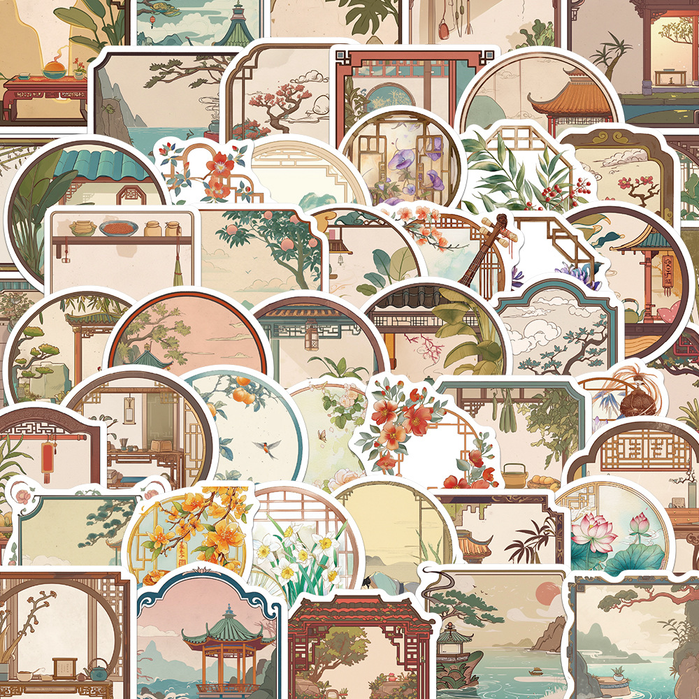 50张卡通复古古风场景花窗手账贴纸文具行李箱笔记防水贴画可批发