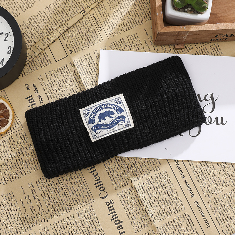 Polar Bear Patch Wool Hair Band Solid Color Headband Sports Knitted Wide Brim Hair Band Korean Ins All-Match Headband