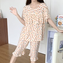 防凸点棉绸睡衣女套装夏季短袖七分裤绵绸家居服睡衣少女春夏