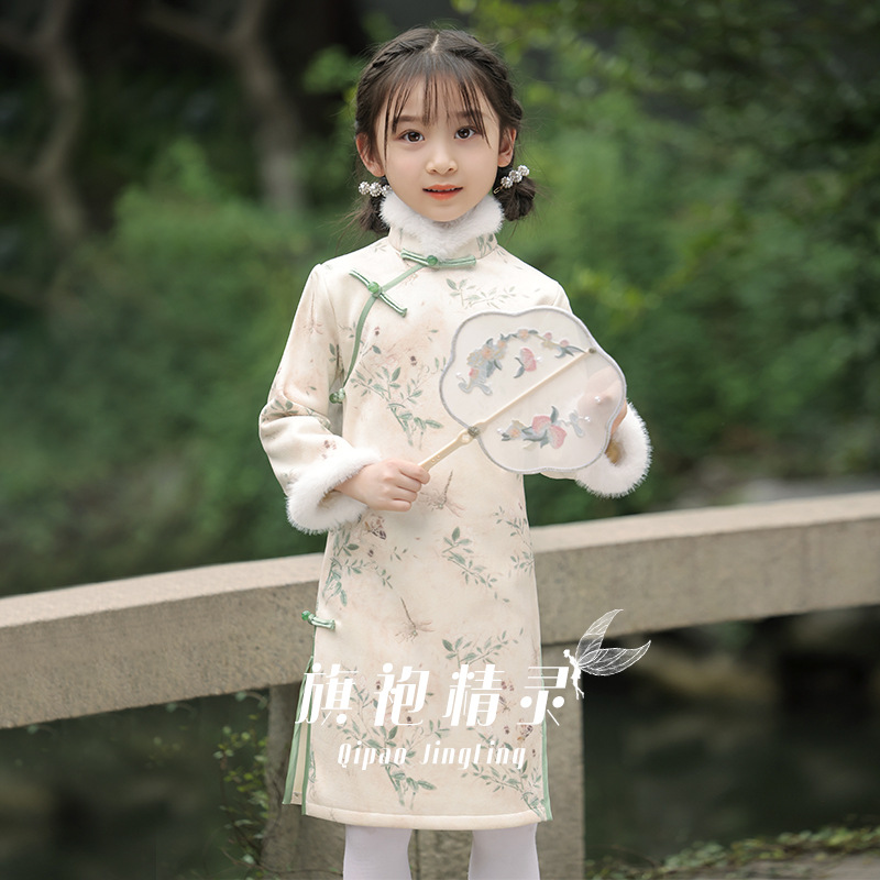 民国女童旗袍冬季长袖加厚洋派小女孩儿童中式中国风洋装女大童
