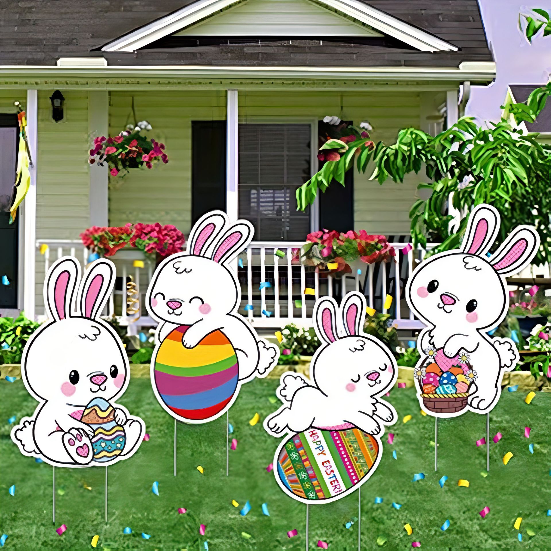 跨境复活节4件翻滚兔子庭院桩户外装饰品有趣的复活节草坪装饰