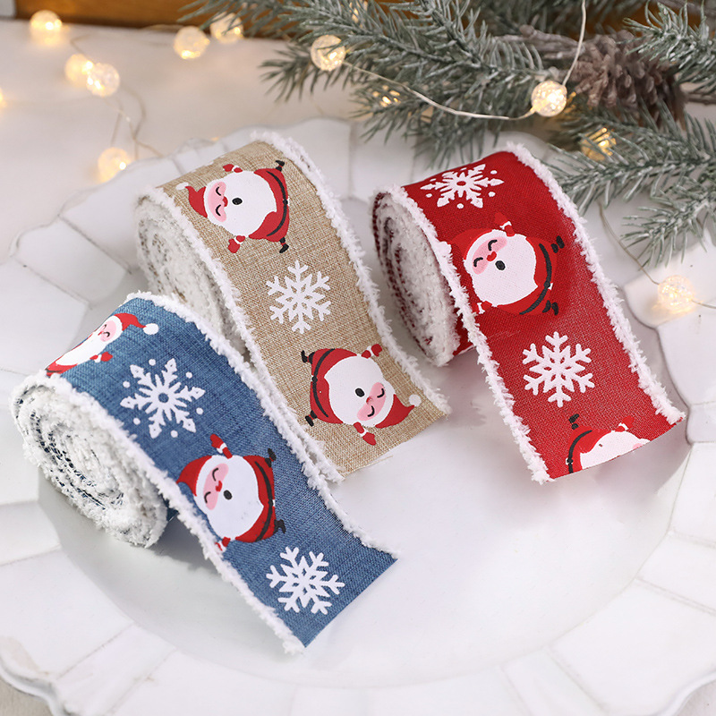 Hong Kong Heng New Christmas Meshbelt Red Santa Claus White Snowflake Imitation Linen Plush Edge Ribbon Gift Box Decorations