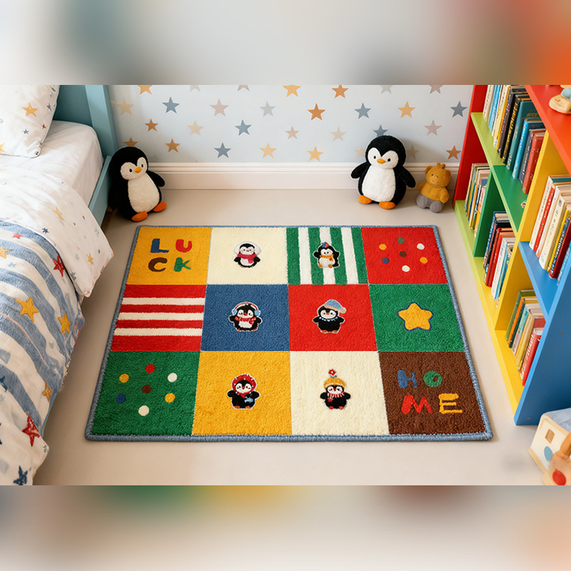 义乌工厂企鹅刺绣植绒簇绒防滑吸水卡通可爱多巴胺长毛浴室地垫