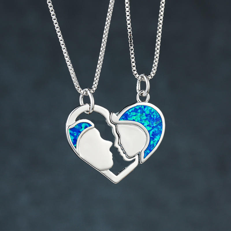 欧美原创新款白金蓝澳宝情侣头像拼图套装项链简约首饰厂家直销源