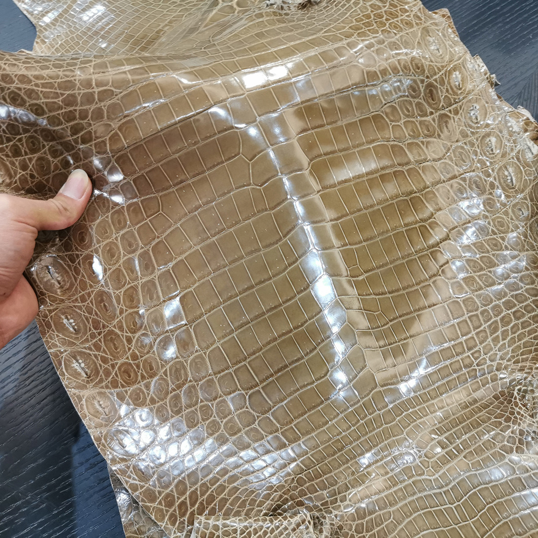 aresgator纯正南非尼罗鳄亮面鳄鱼皮玛瑙抛光奶茶色高光皮料