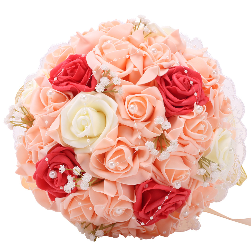 韩式新娘结婚手捧花跨境代发pe仿真玫瑰珍珠diy伴娘捧花fz668