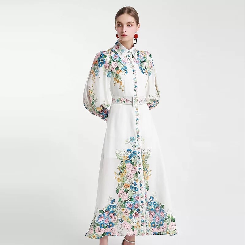 现货宫廷风长裙复古印花长袖连衣裙女2021早秋新款欧洲站女装欧货