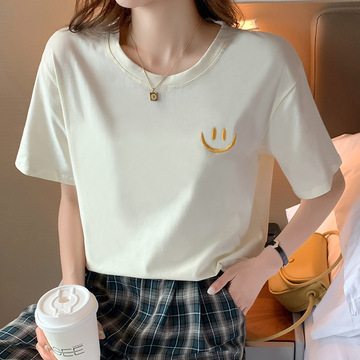 实拍纯棉刺绣短袖t恤女宽松韩版简约百搭半袖上衣白色学生体恤潮
