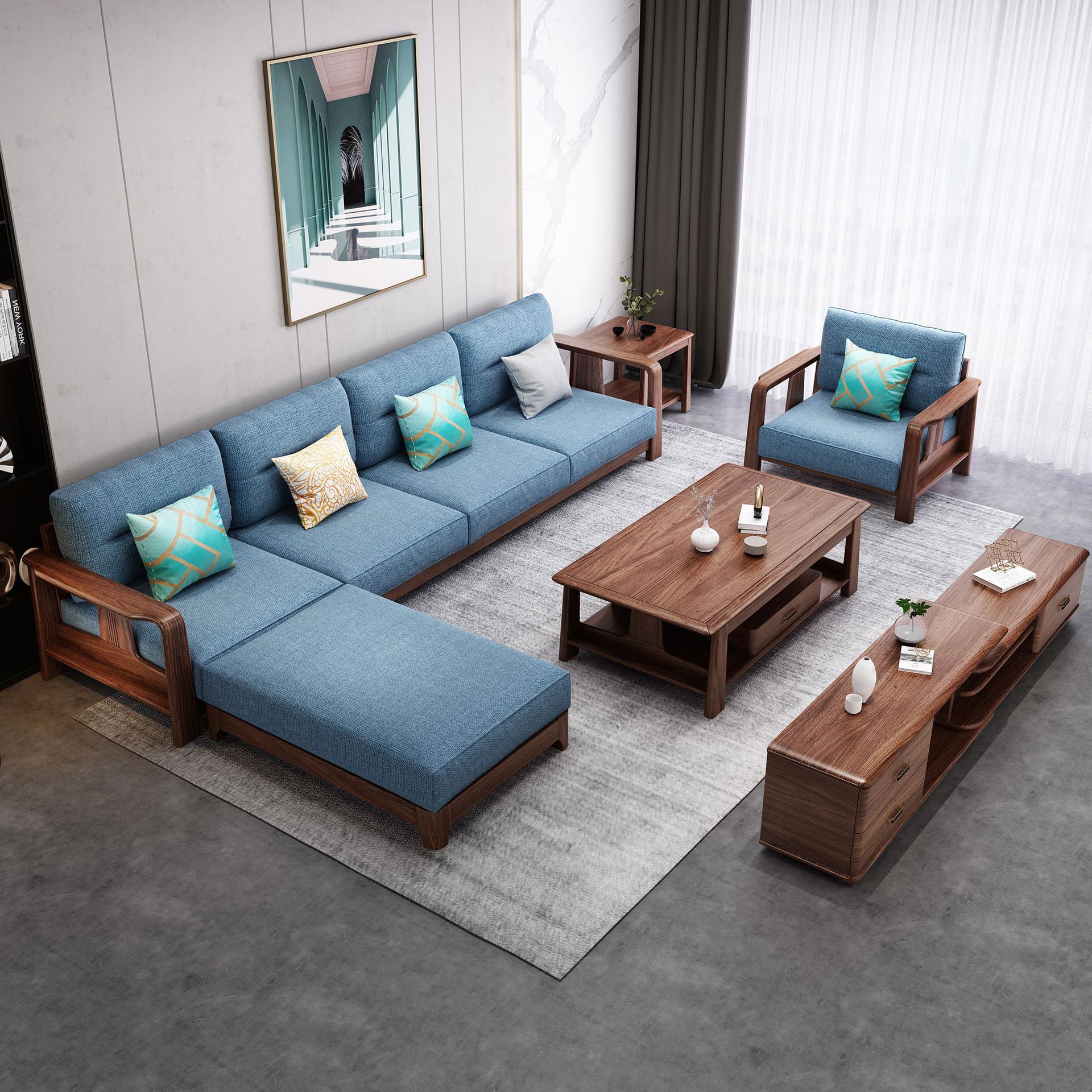 乌金木实木沙发冬夏两用高箱储物客厅现代新中式沙发转角贵妃组合