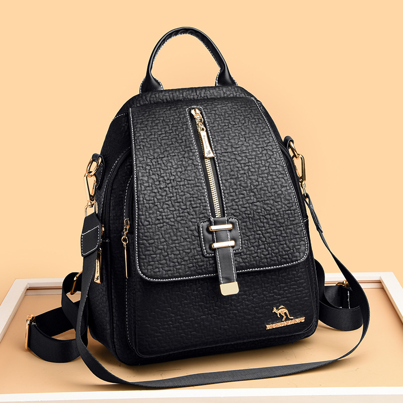 Cross-Border Simple Backpack Women's 2024 Retro Solid Color Outdoor Leisure Backpack Soft Leather Schoolbag