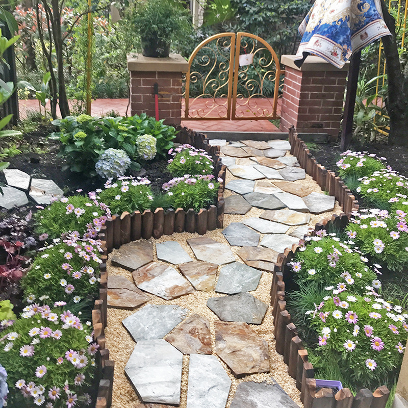 户外庭院小菜园围栏园林花坛绿化草石隔离带小花园木栅栏树根挡土