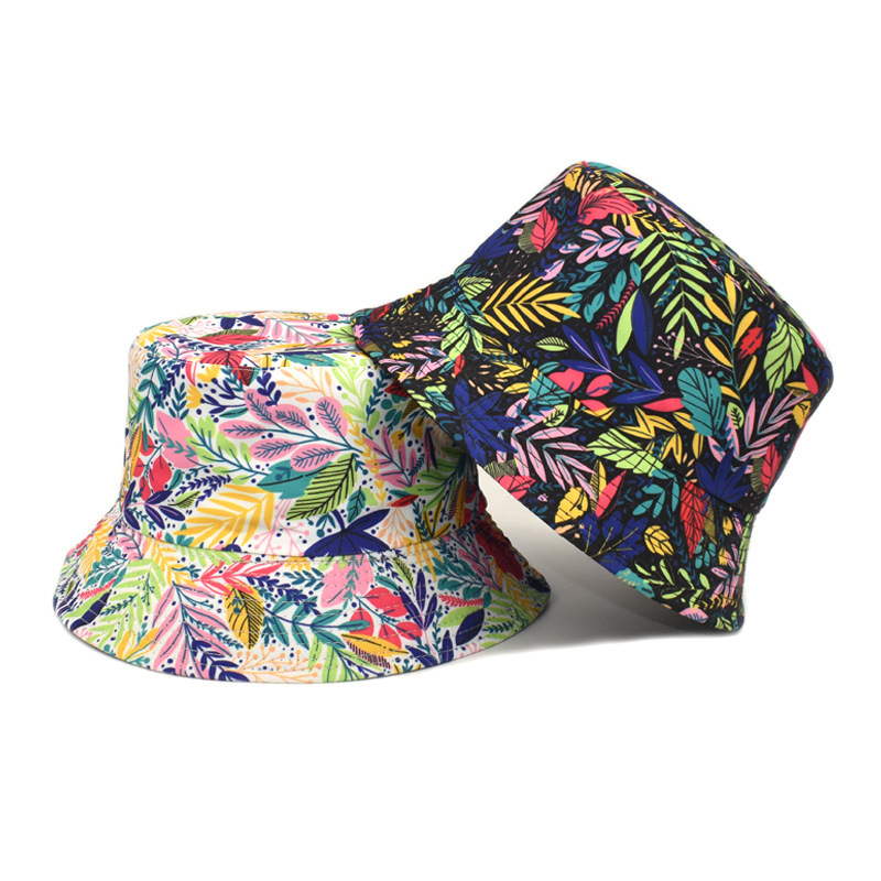 Foreign Trade New Leaf Printing Bucket Hat European and American Men's and Women's Outdoor Sun Hat Summer Double-Sided Wear Bucket Hat Tide