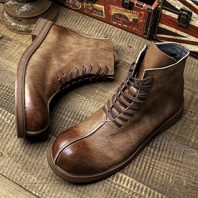 秋冬新款复古马丁靴真皮大头短靴圆头男士工装靴西部牛仔靴子男潮