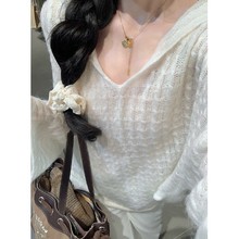 早春日系镂空v领连帽马海毛针织衫女秋季温柔风慵懒套头外套罩衫