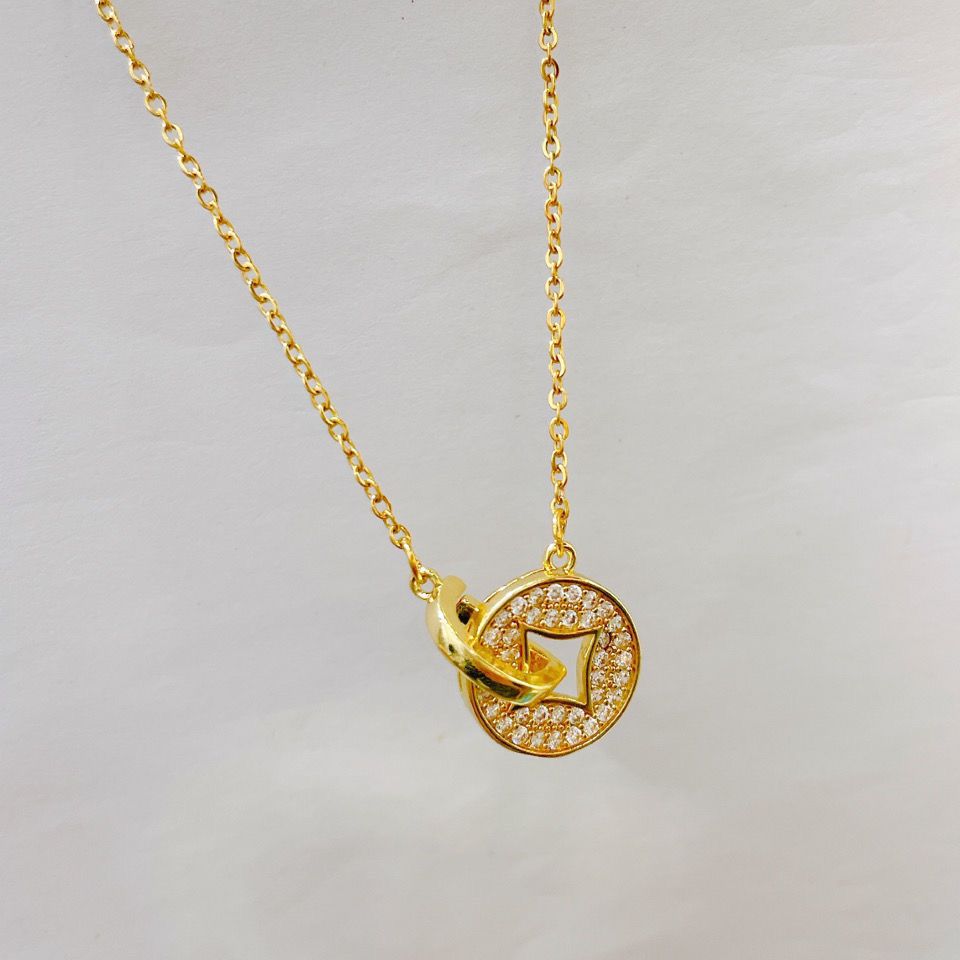 新款金色时尚简约钱币双环相扣镶钻锁骨链时尚气质圆形项链女款式