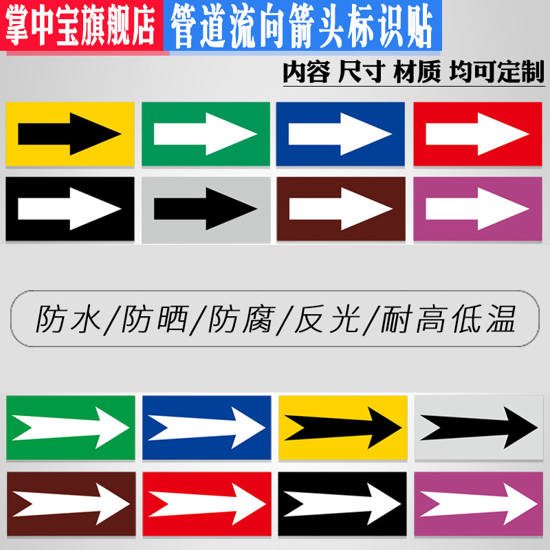 国标管道标识贴流向箭头 消防化工管道介质色环标示反光膜自来水