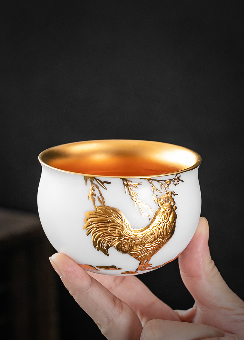 李斌24k金杯羊脂玉瓷黄金盏杯陶瓷功夫茶具纯手工鎏金主人杯单杯