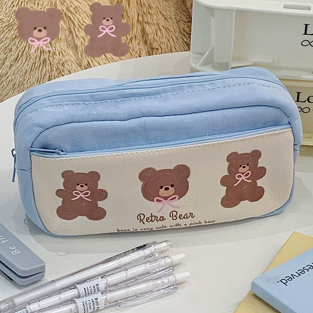 小红书新爆款简约盐系ins风大容量拼色笔袋蓝色小熊初高中生笔袋