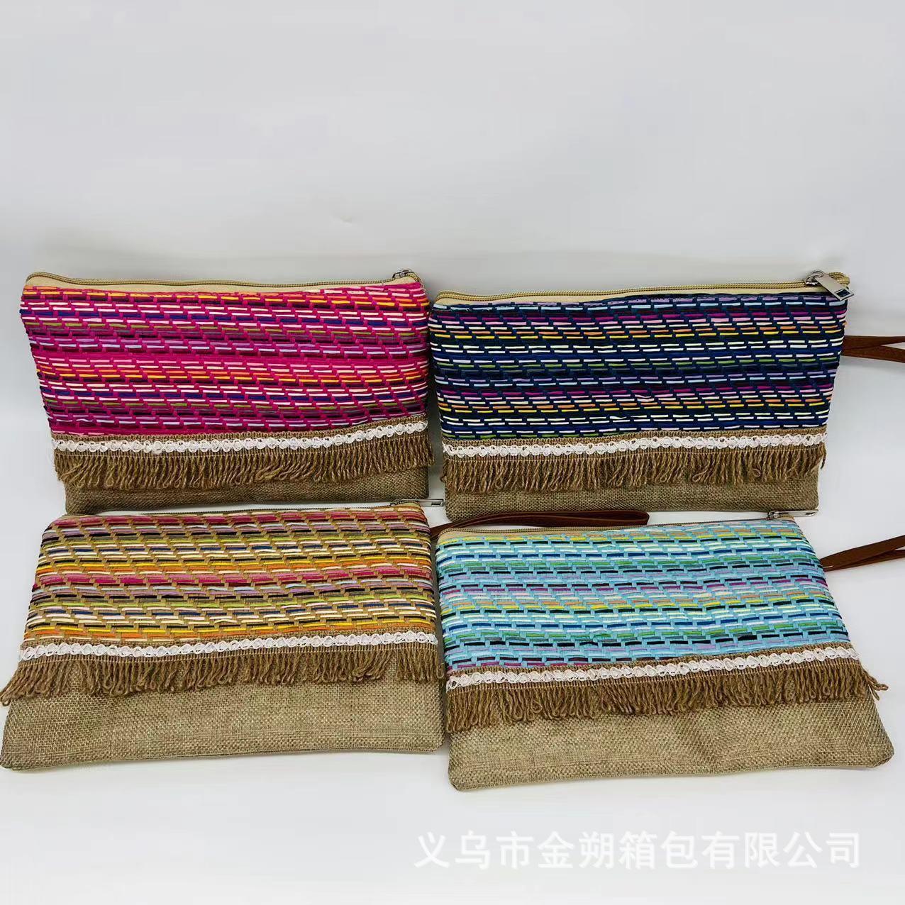 New Double-Sided Cotton and Linen Straw Tassel Striped Bag Clutch Bag Small Bag Cosmetic Bag Mobile Phone Bag Coin Pocket