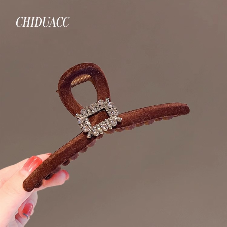 Square Diamond Velvet Feeling ~~ Light Luxury Velvet Large Size Grip Firm All-Match Hairpin Female Classic Style High-Grade Sense Shark Clip