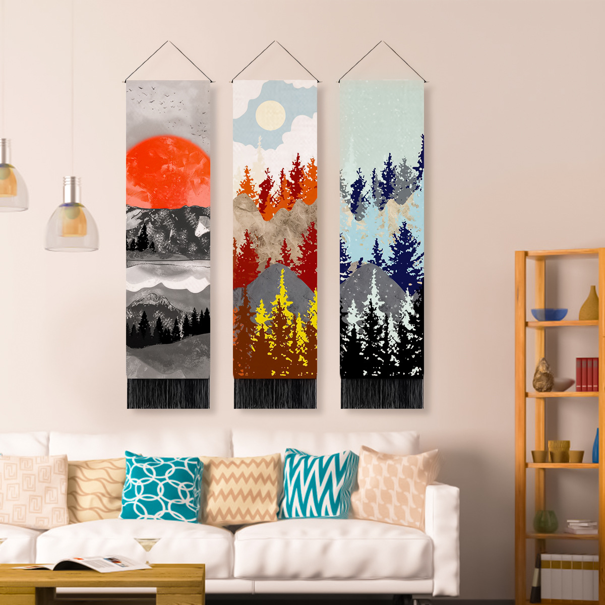 新中式彩色山水挂画 旭日山川河流麻布装饰画 长款流苏房间装饰画