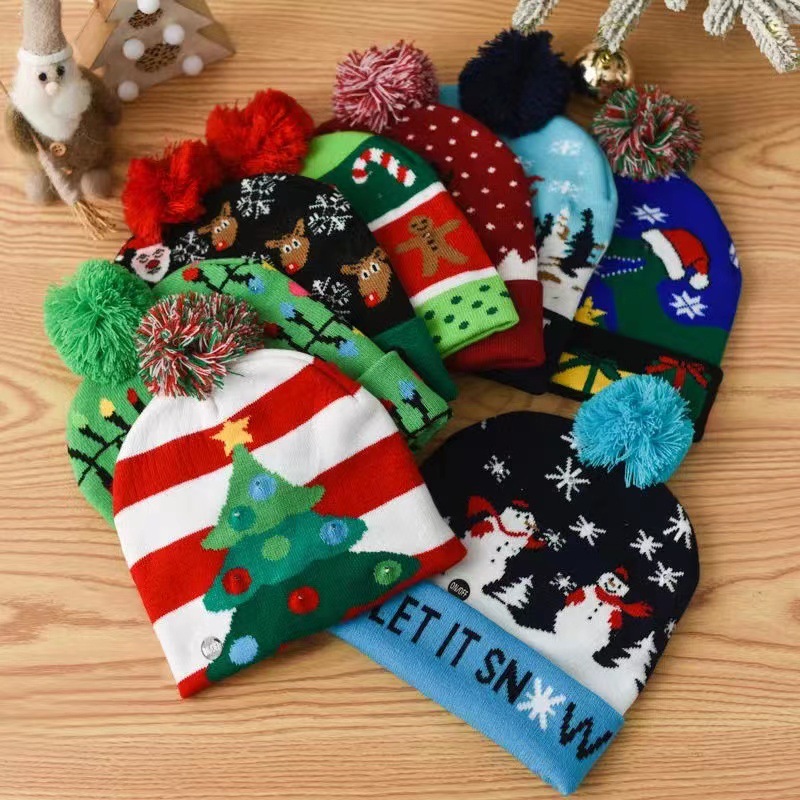 Cross-Border Autumn and Winter Fashion Christmas LED Lights Knitted Hat Colored Lights Party Warm Adult with Ball Hat Wholesale