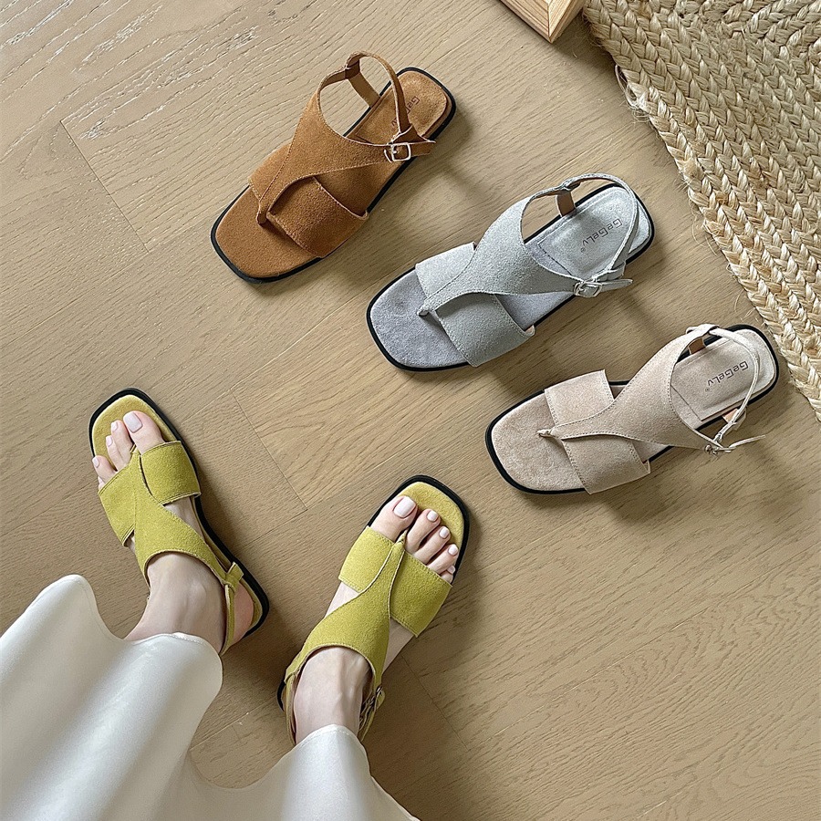平底磨砂皮夹趾凉鞋女鞋子2024新款夏季复古设计感小众夹脚罗马鞋