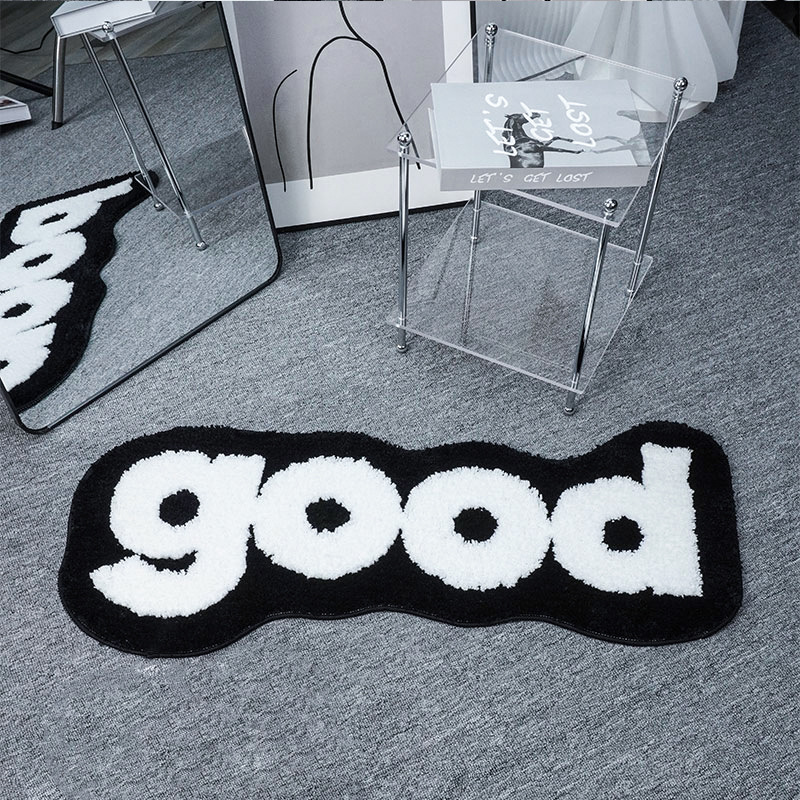 跨境创意good字母植绒地毯簇绒卧室异形床边毯厕所进门吸水脚垫子