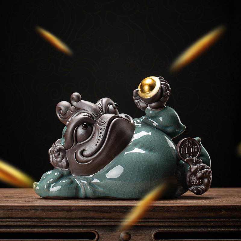 创意哥窑三脚金蟾陶瓷茶宠摆件家居办公室茶室茶桌茶道茶玩装饰品