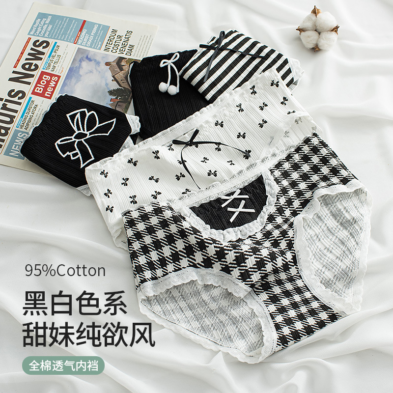 Japanese Lolita Bow Print Cute Girl Underwear Women Cotton Crotch Breathable Mid Waist Student Briefs