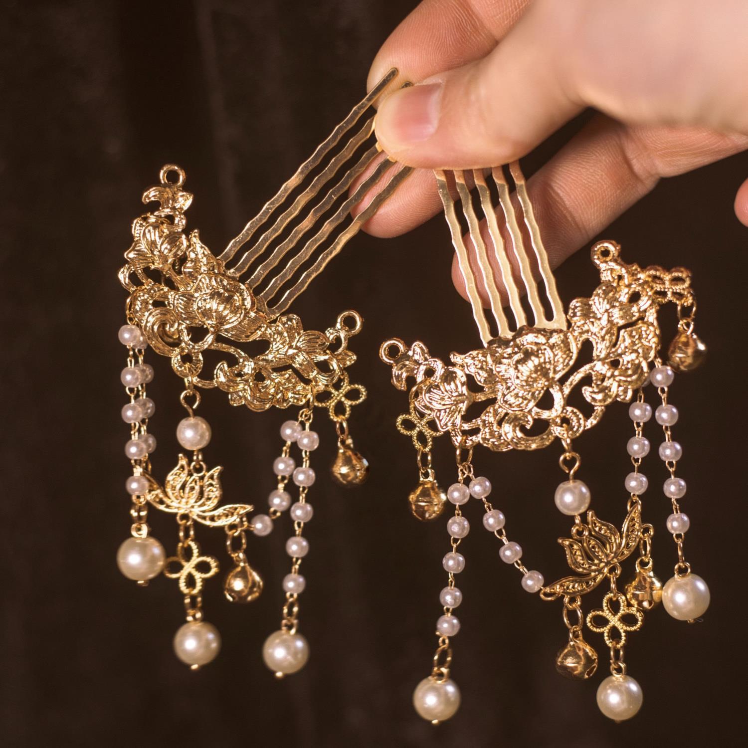 复古汉服头饰古风珍珠发簪唐风明制流苏发钗插梳掩鬓发饰配饰品