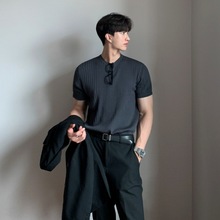 薄款条纹短袖针织衫男士2024新款夏季韩版修身弹力圆领针织t恤上
