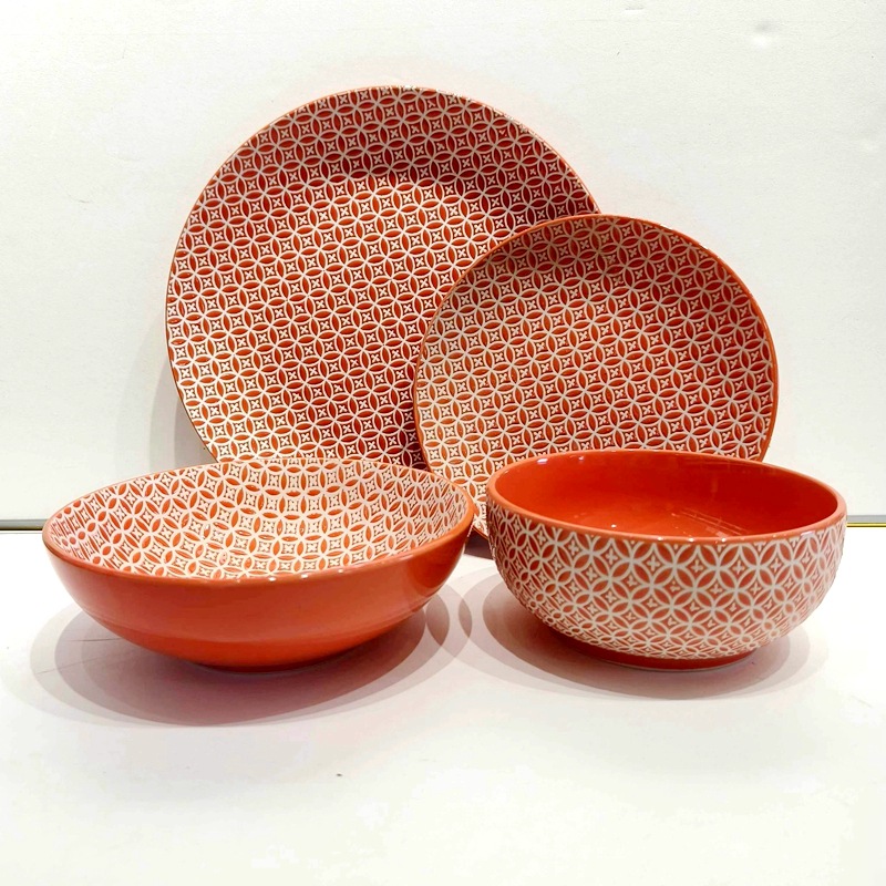 外贸出口陶瓷餐具套装16头餐具炻瓷手绘印花盘碗杯家用复古菜盘子