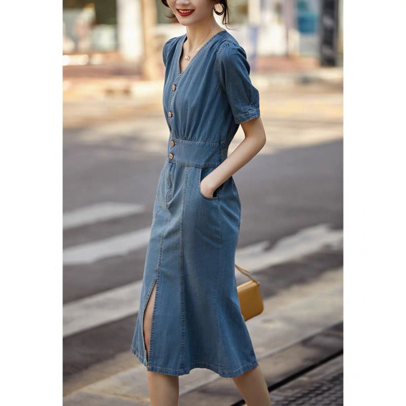外贸2024夏季新款圆舞曲人鱼尾 收腰显瘦v领牛仔棉连衣裙-阿里巴巴