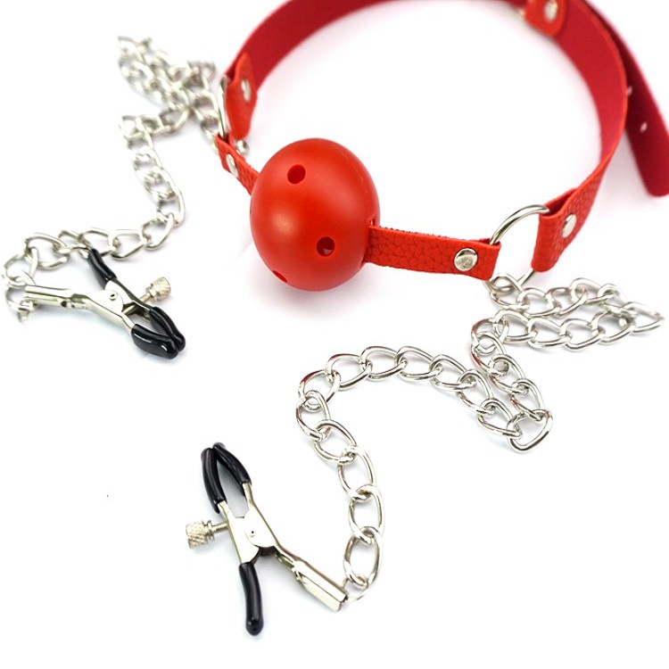 sm成人情趣用品女用口塞口球链条乳夹一体性道具夫妻调教性玩具