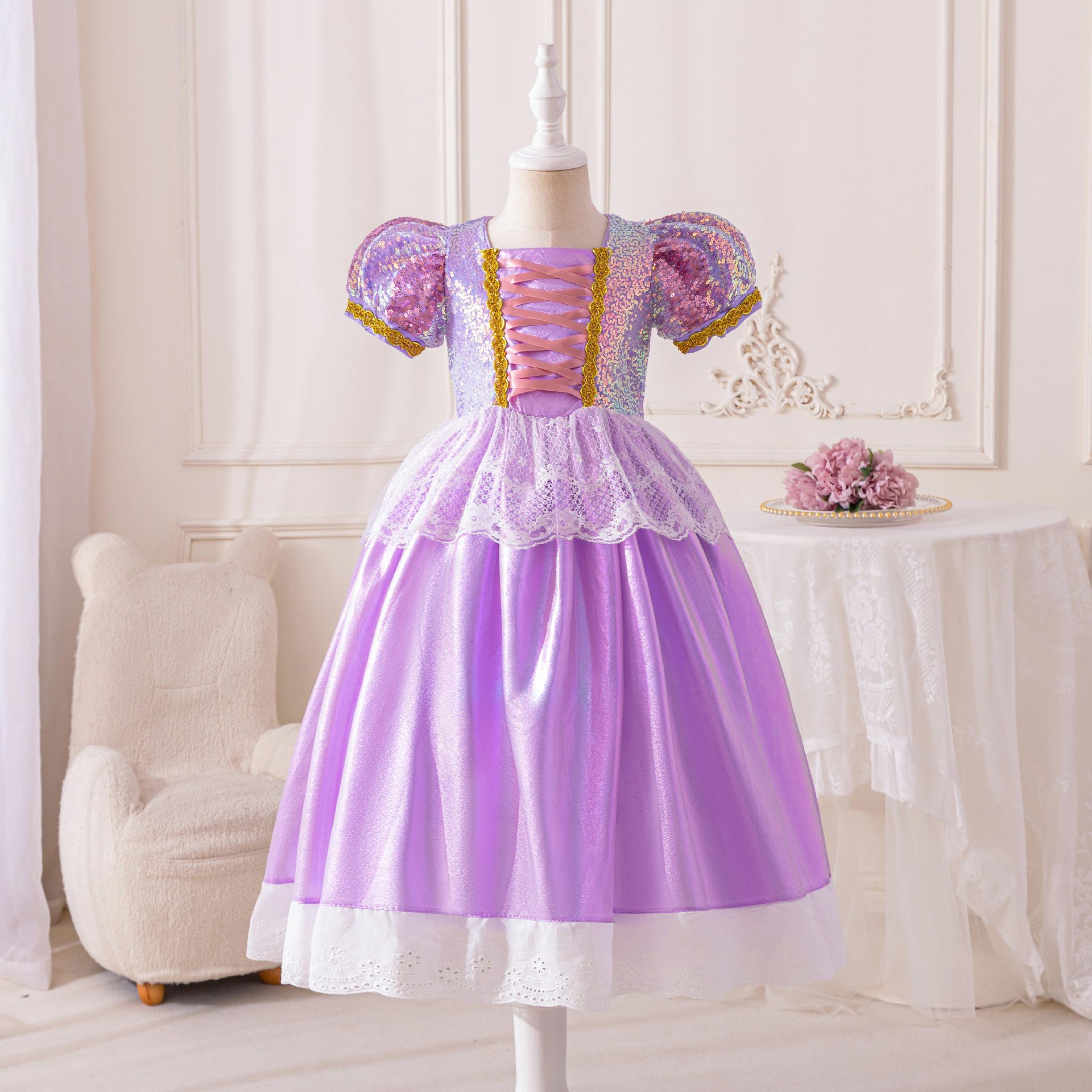 女童万圣节cosplay礼服裙 长发公主裙女童连衣裙儿童礼服童装批发