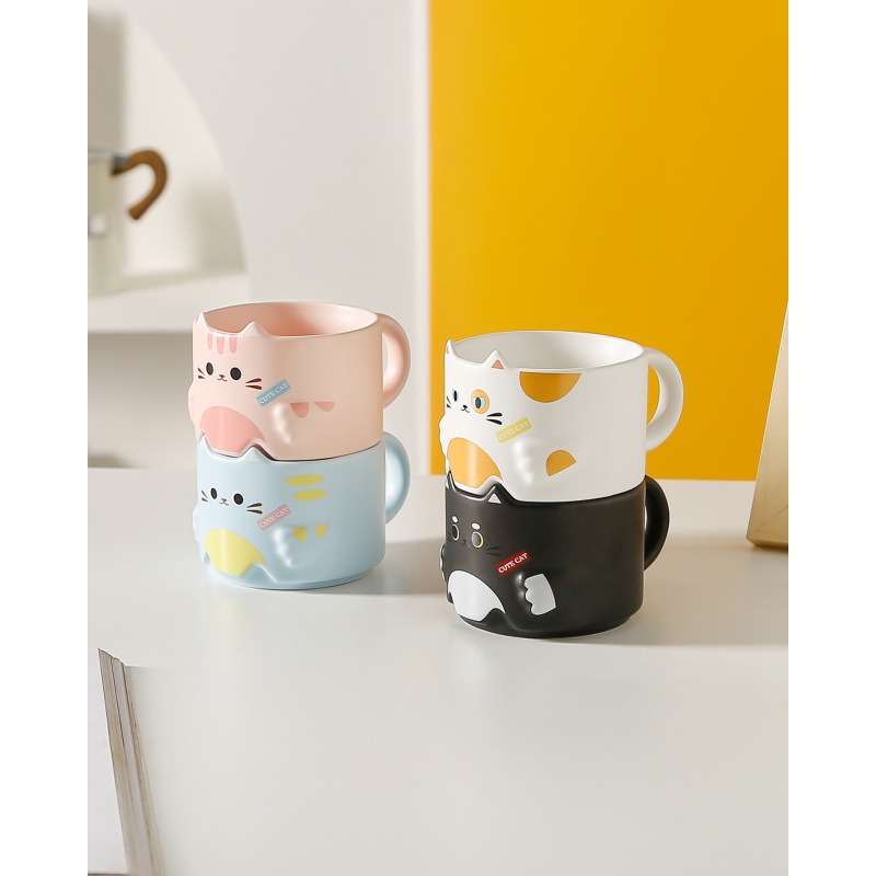 Cat Ceramic Cup Cartoon Mug Stacked Couple Cups Cat Cup Household Drinking Cups Coffee Cup Practical Gift Wholesale