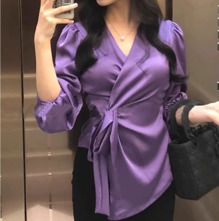轻熟风夏季紫色上衣女绑带v领七分袖衬衫法式收腰设计感小众衬衣