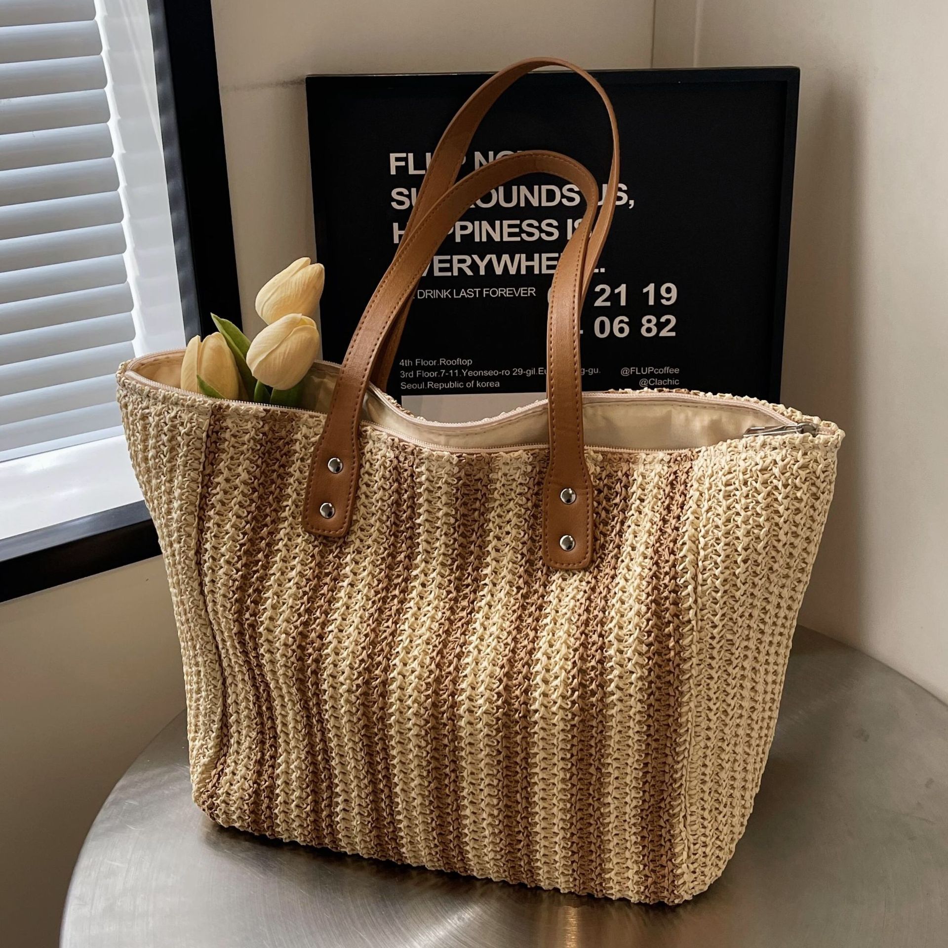 复古大容量包包女2024夏季新款草编单肩包质感编织沙滩度假托特包