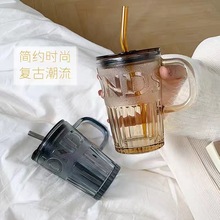 玻璃杯ins高颜值简约情侣水杯学生大容量吸管杯便携上班族咖啡杯