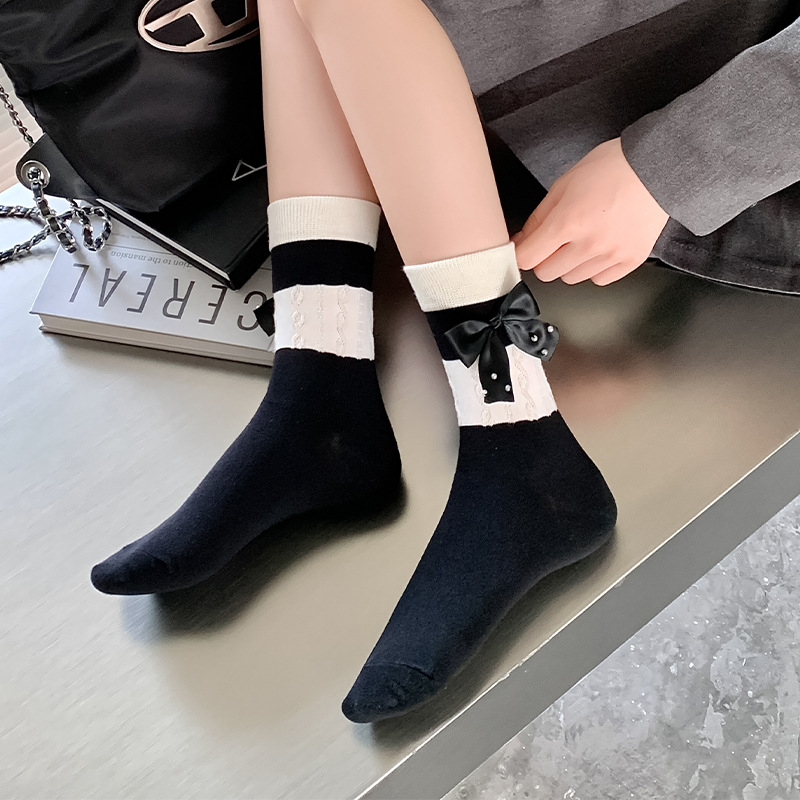 小香风甜美麻花袜子女秋冬日系少女风可爱蝴蝶结搭配乐福鞋堆堆袜