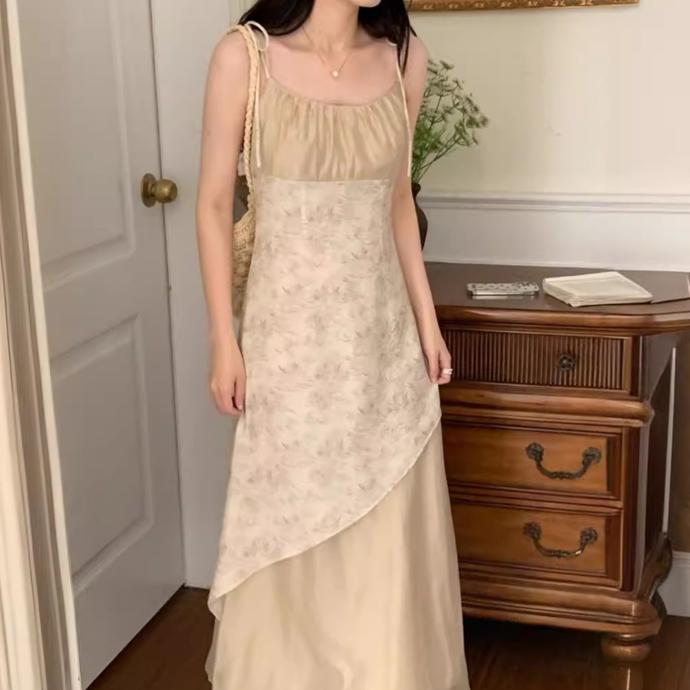 新中式女复古佛系禅意裙子碎花撞色不规则裙摆慵懒风吊带连衣裙女