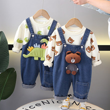包邮Yikids婴儿童宝宝动物牛仔裤背带裤两件套卡通可爱春季套装